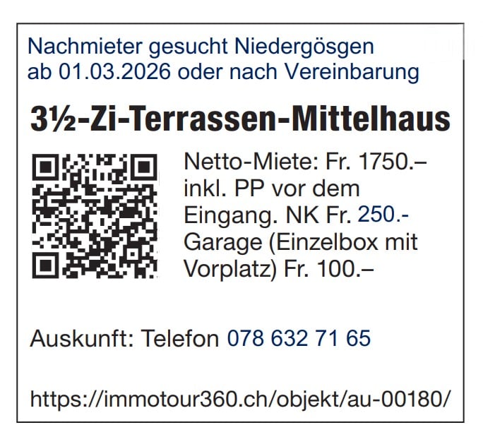 3 1/2 room terraced house, balcony, garage with parking space