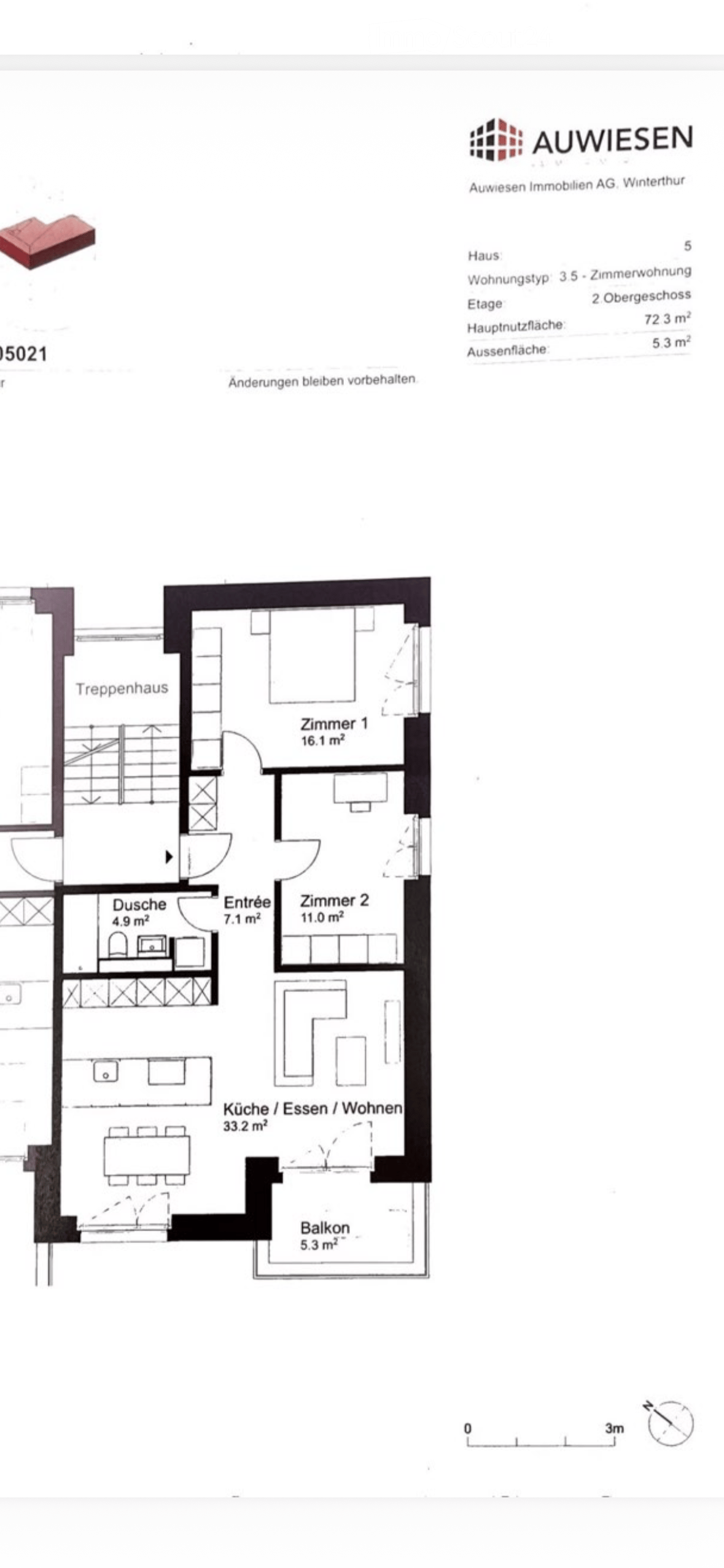 A floor plan of a 3.5-room apartment in a 2-storey house, with kitchen, dining area, living room, two bedrooms, and a bathroom on the first floor, and a small balcony.