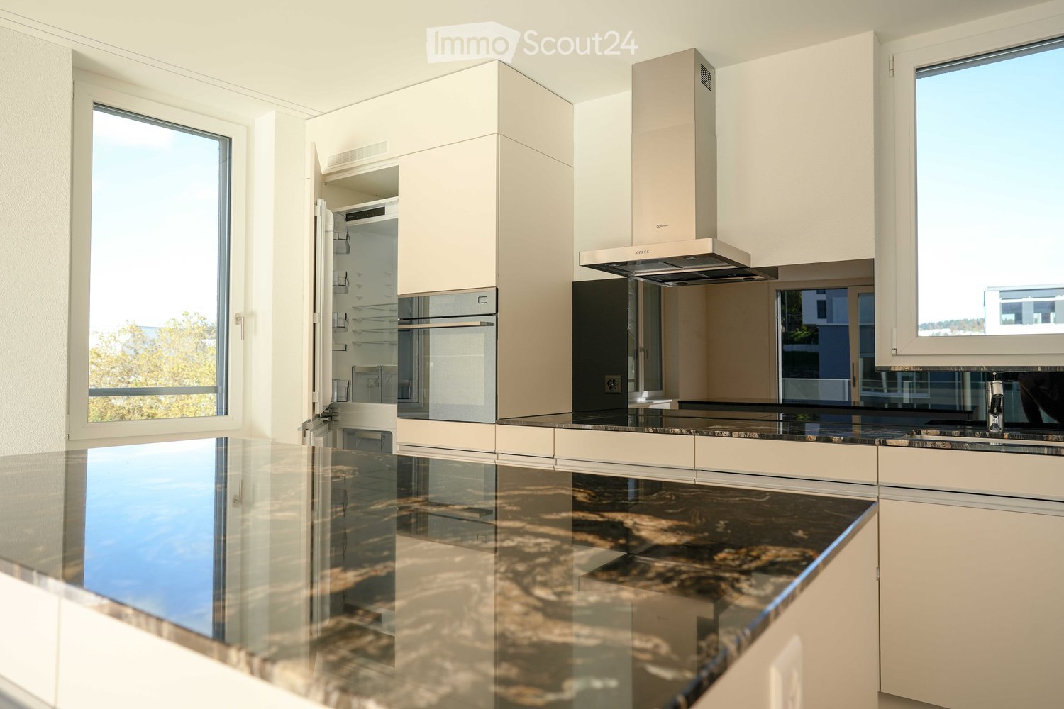 Modern kitchen with marble countertops, built-in oven and dishwasher, stainless steel extractor hood, white cabinetry, double-glazed windows