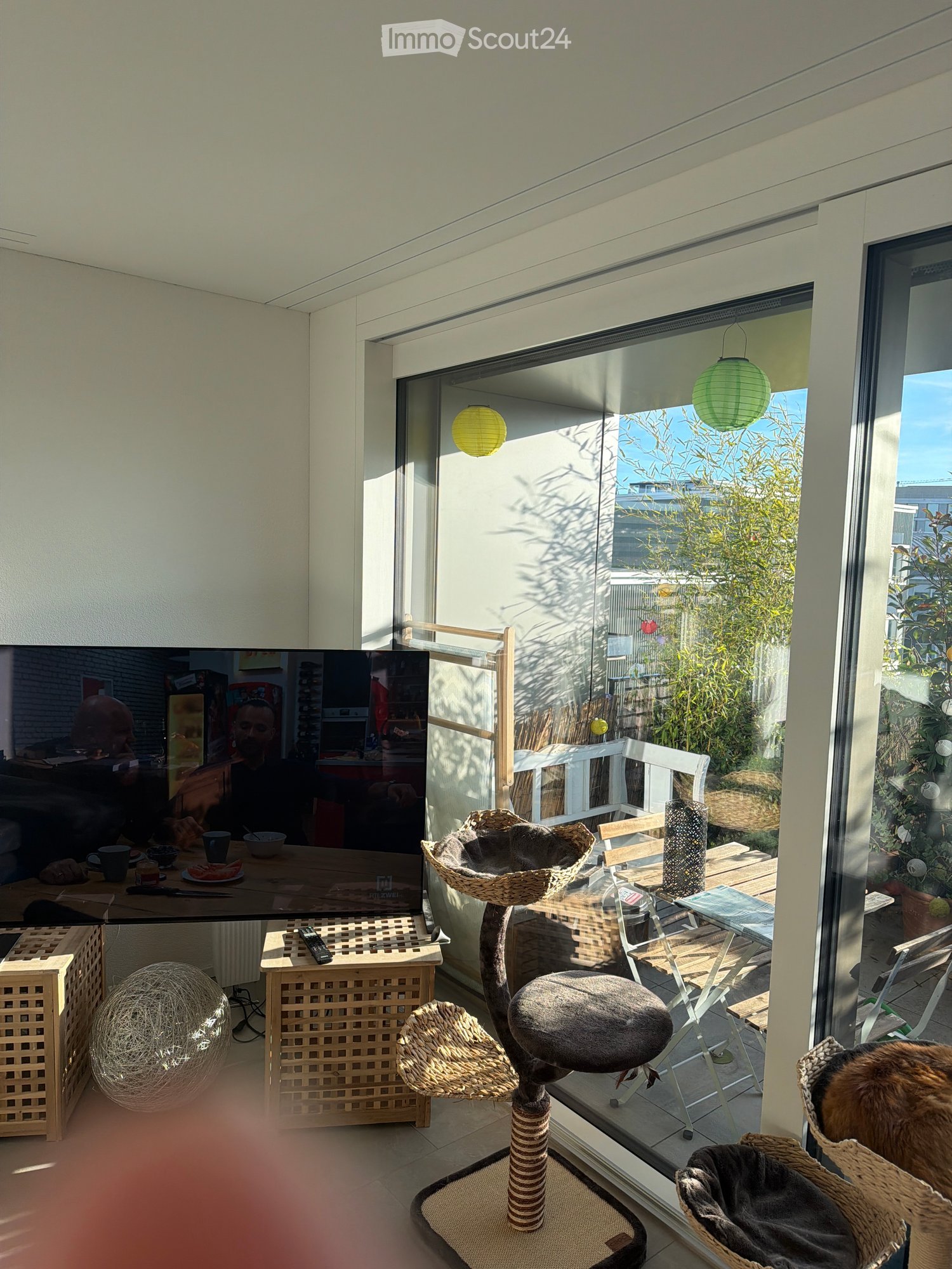 modern interior with a large TV screen, a desk, a basket, a cat tree, and a view of the balcony with a table and chairs