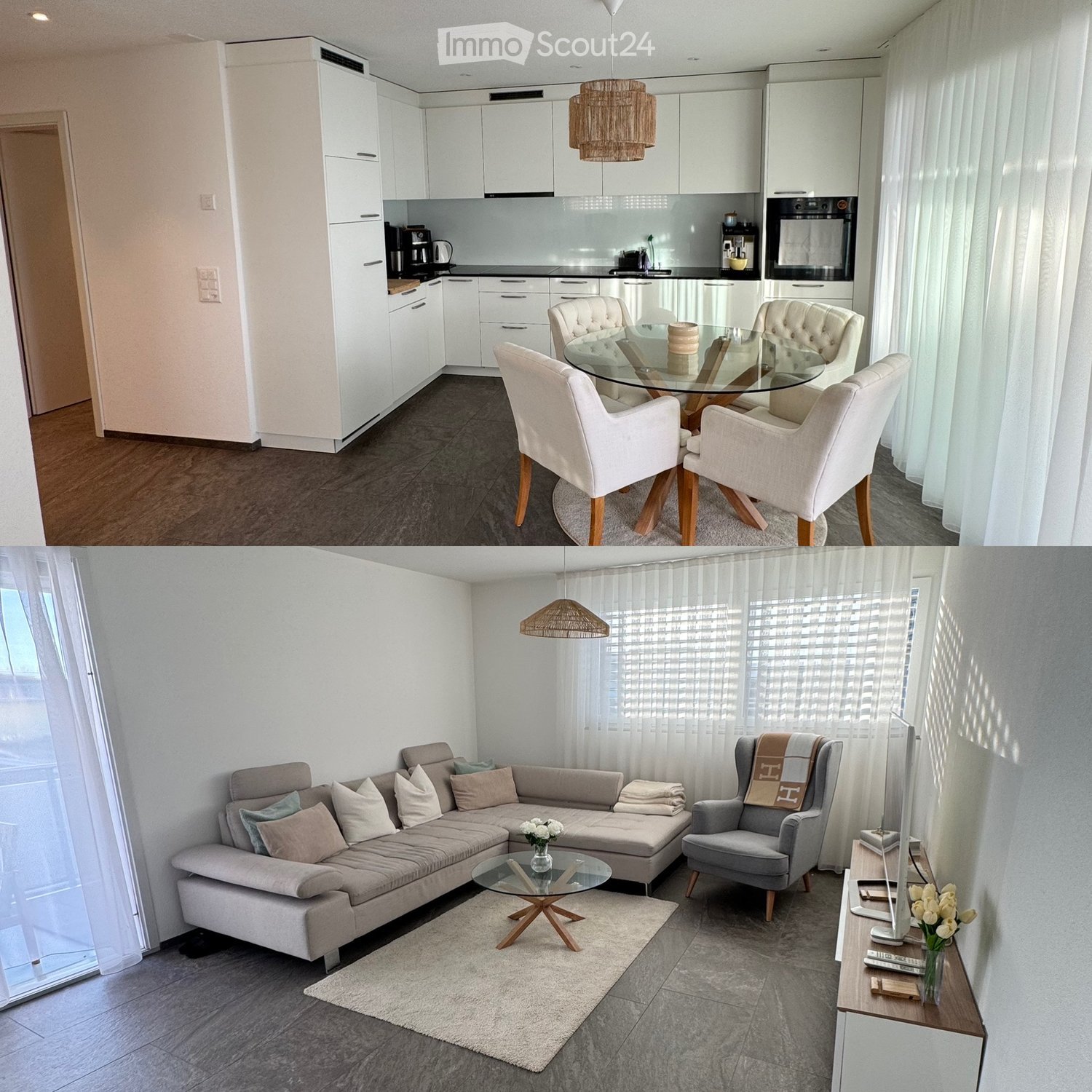 modern style kitchen and living room, bright, open layout