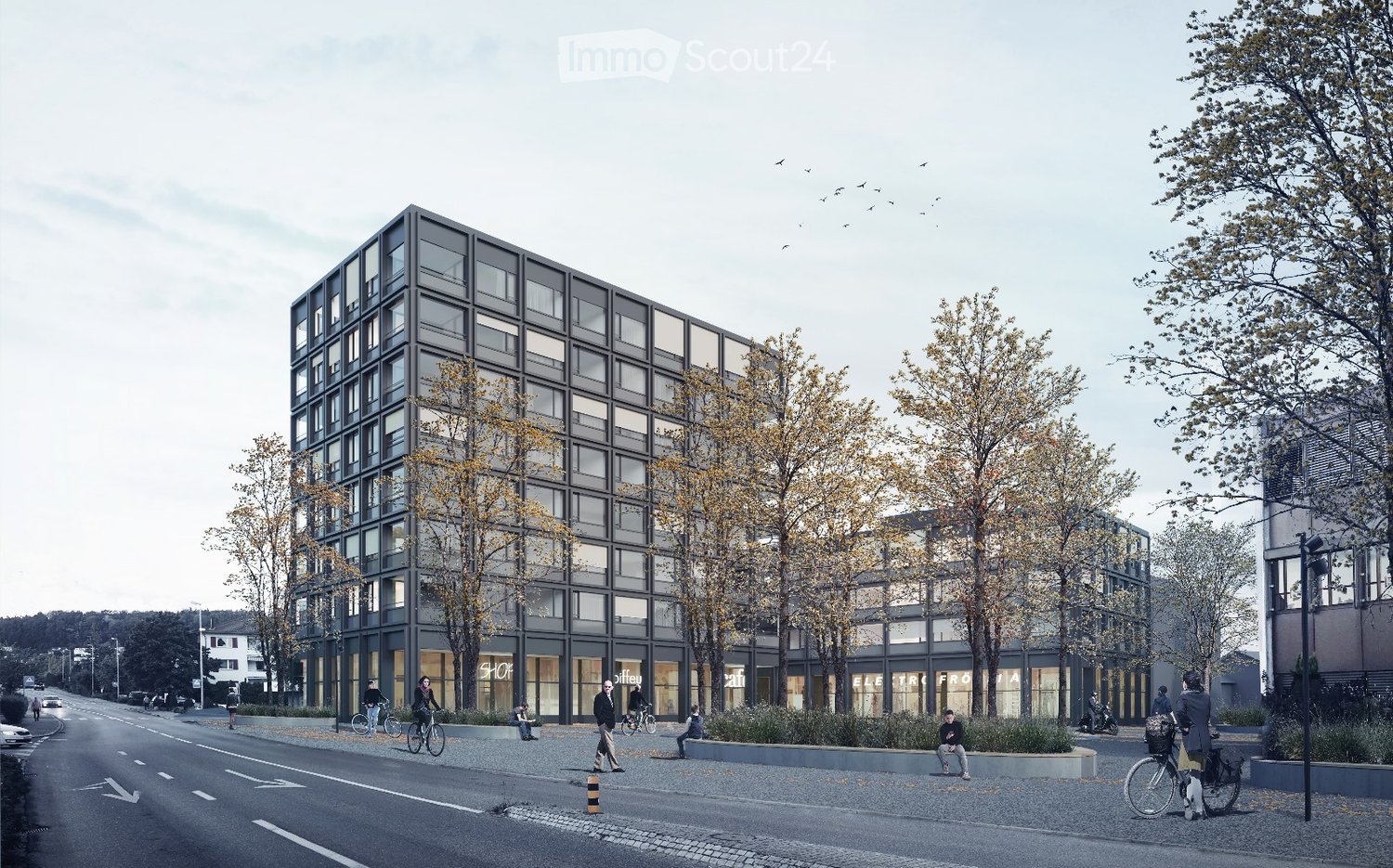 Modern high-rise building, large windows, black and white exterior, trees, paved area in front