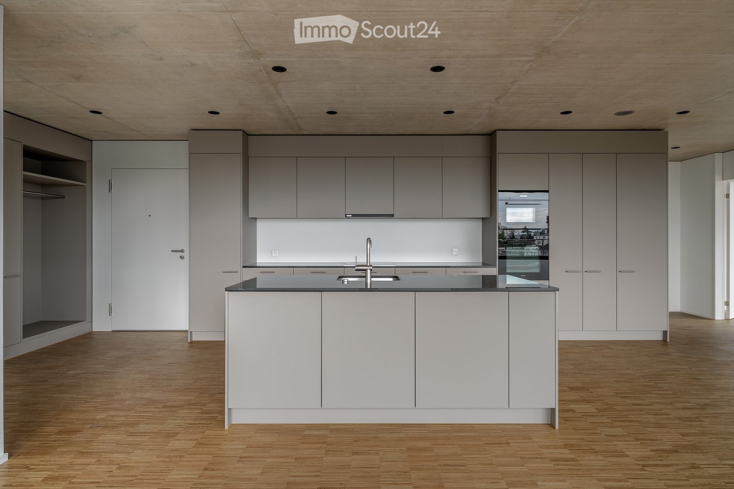 Open kitchen, island, white cabinetry, wooden floor, modern appliances, contemporary design