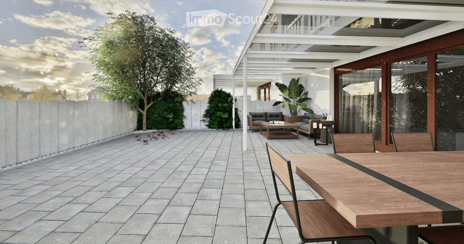 Terrace with wooden dining table, chairs, outdoor seating area with couch, coffee table, trees, shrubs, wall, and a clear sky.