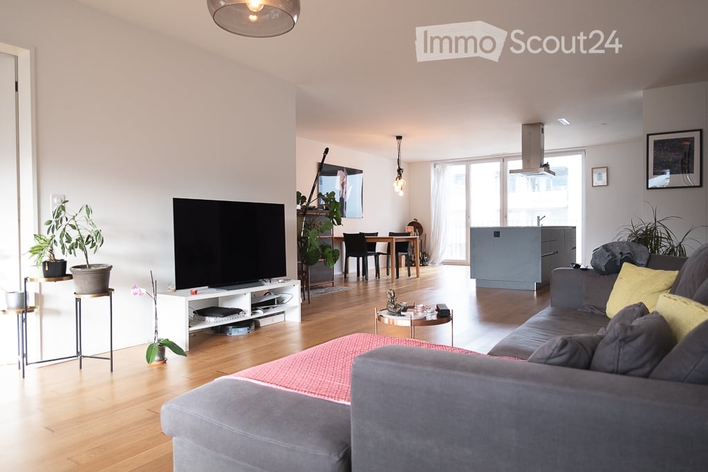 open living room, dining table with chairs, sofa, flat screen TV on white stand, plants, wooden floor