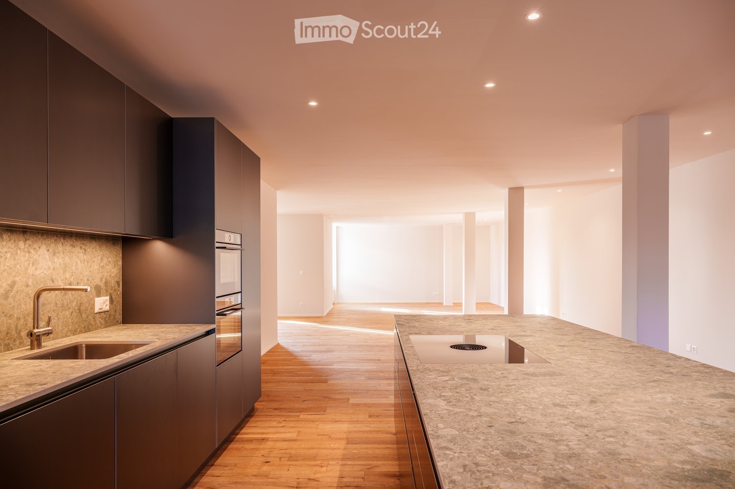 Stainless steel appliances, modern cabinets, marble countertops, dark flooring, natural light