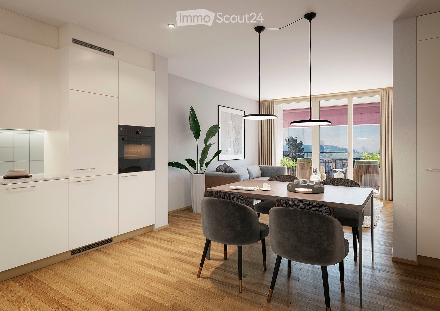 Modern kitchen with wooden floors, white cabinets, gray chairs, wooden dining table, hanging lamps, couch, potted plant, balcony with railings, large glass doors, balcony furniture, outdoor view.