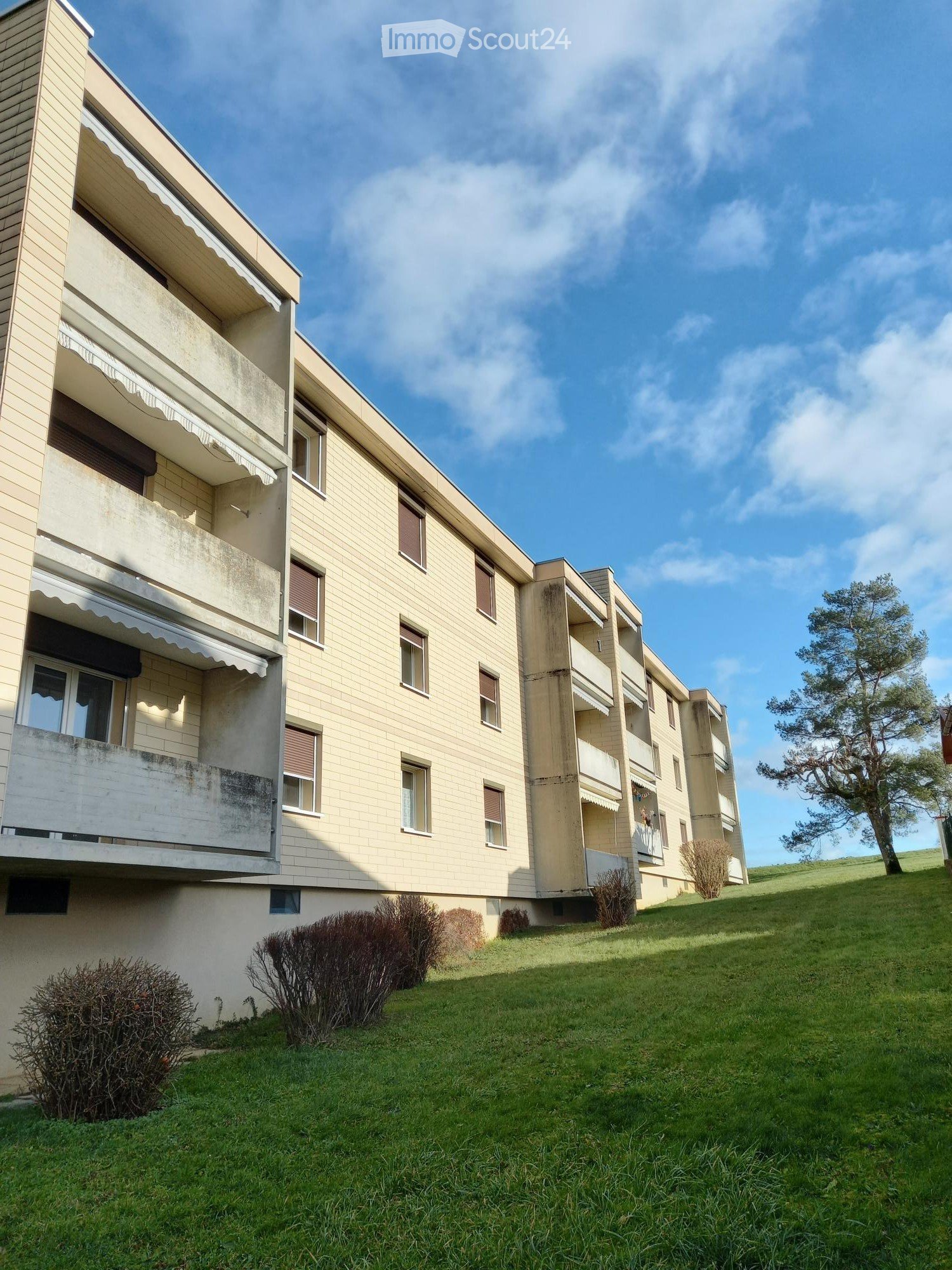 3 story residential building, beige bricks, multiple balconies, green lawn, tree in the distance