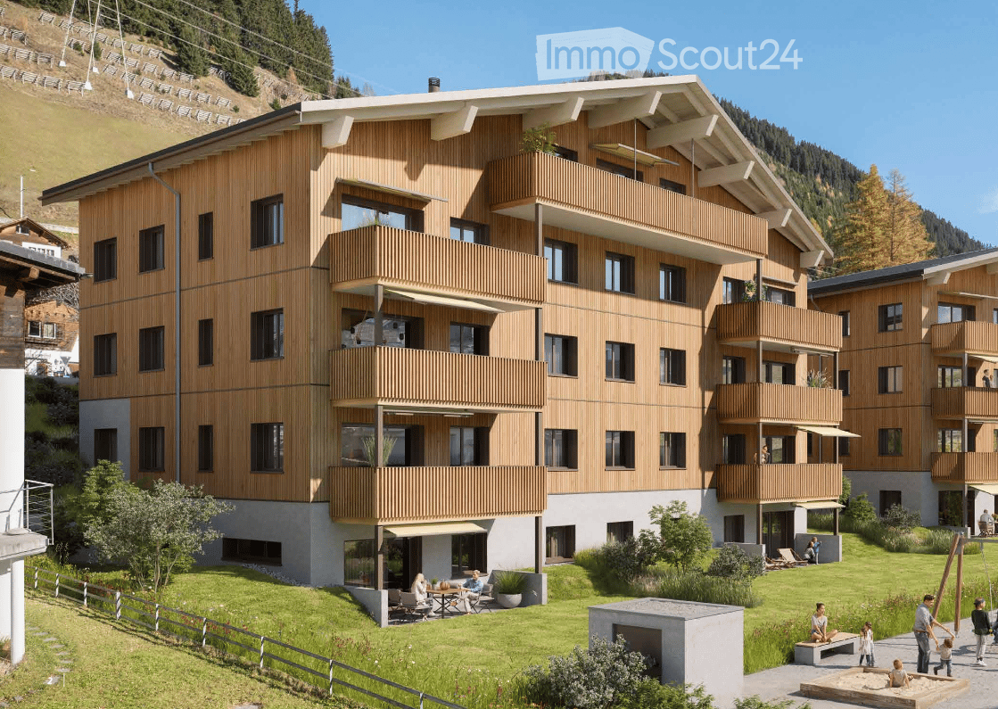 modern architecture, wooden facade, large balconies, multiple floors, landscaped garden