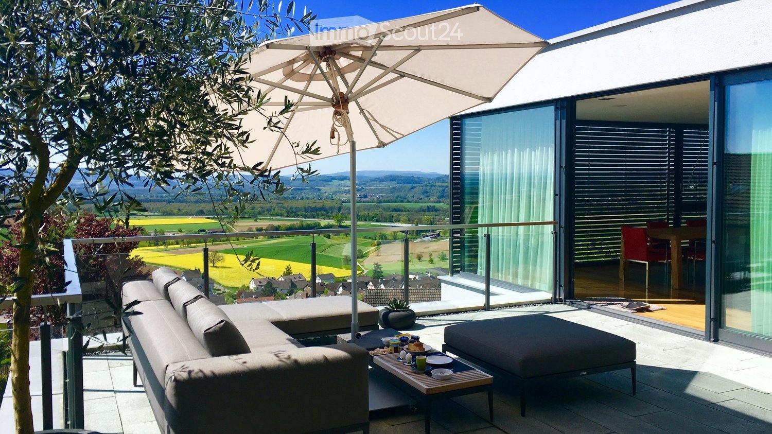 Terrace with sofa, table, and potted plant overlooking countryside view.