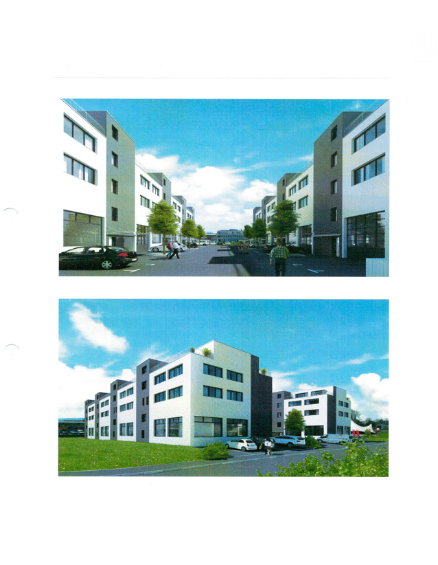 Multi-story residential buildings, modern architecture, multiple balconies, parking spaces, some garages, greenery, road, people walking