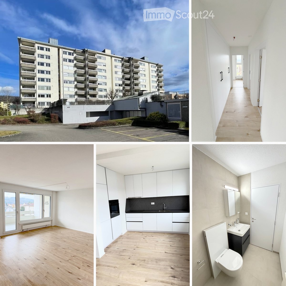 Multi-story apartment building exterior, hallway, unfurnished living room, fitted kitchen, and modern bathroom.