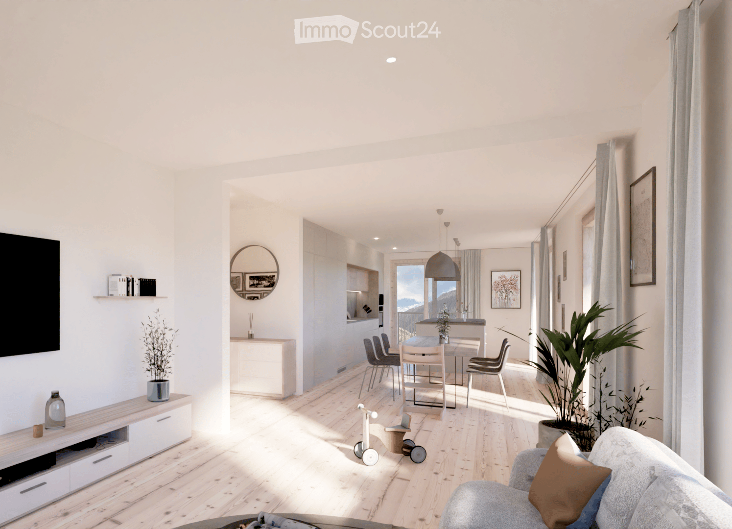 modern living room with dining area and kitchen, wooden floors, large windows, natural light, furniture, plants, tv