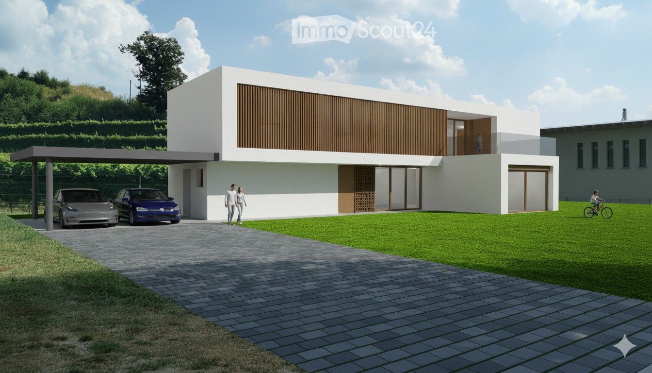 Modern two-story house, white exterior, brown wooden accents, two-car garage, front porch, grassy lawn, car parked in front