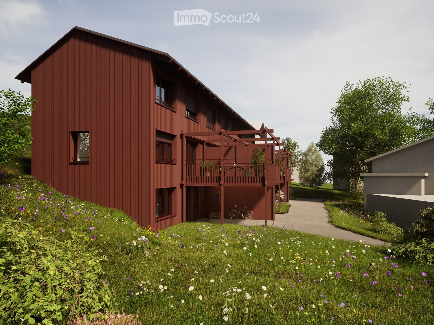 3 story house, red exterior, multiple windows, balcony, driveway, bicycle