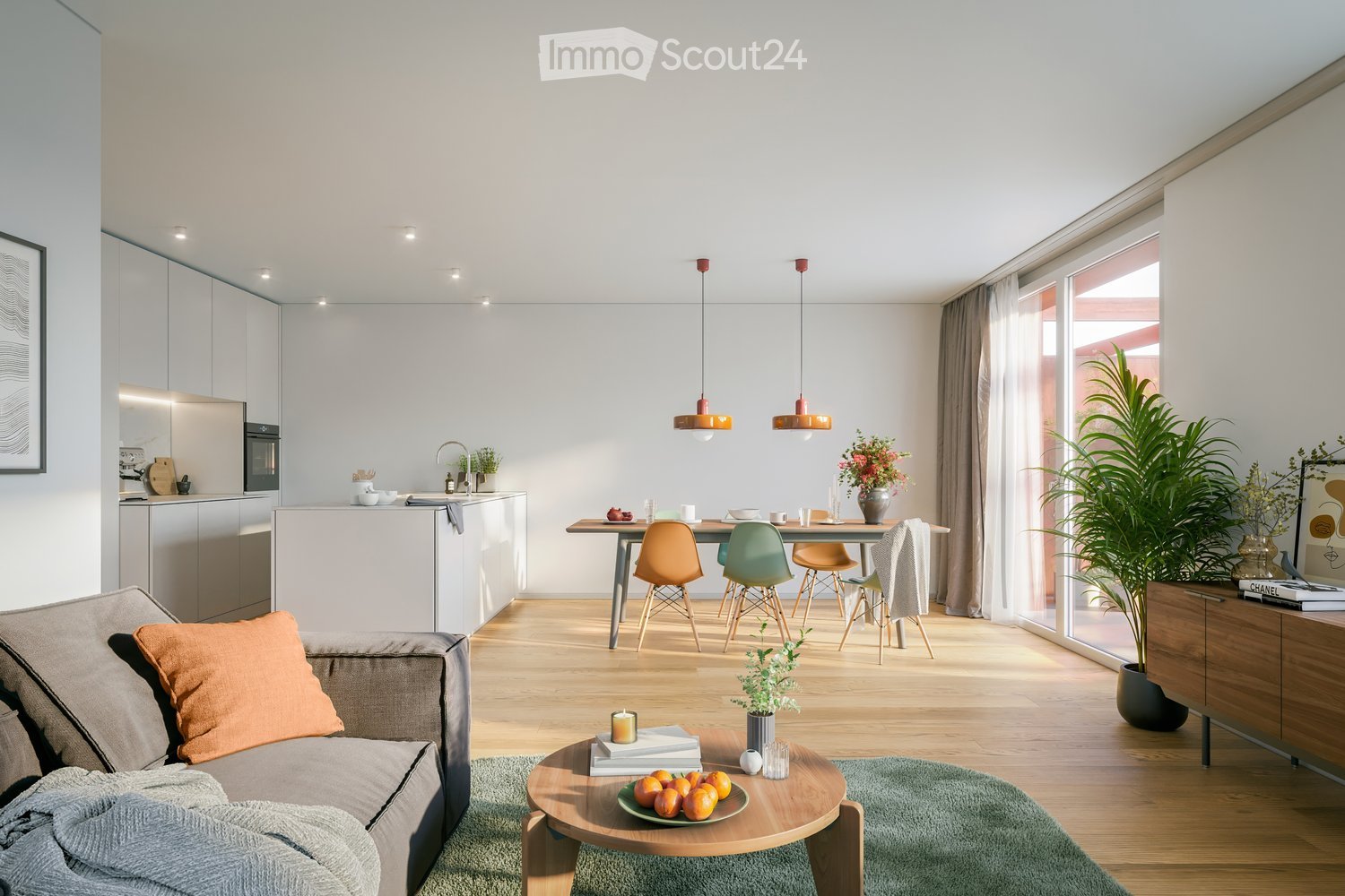 modern living room with wooden floor, white walls, dining table, couch, coffee table, plants, kitchen area