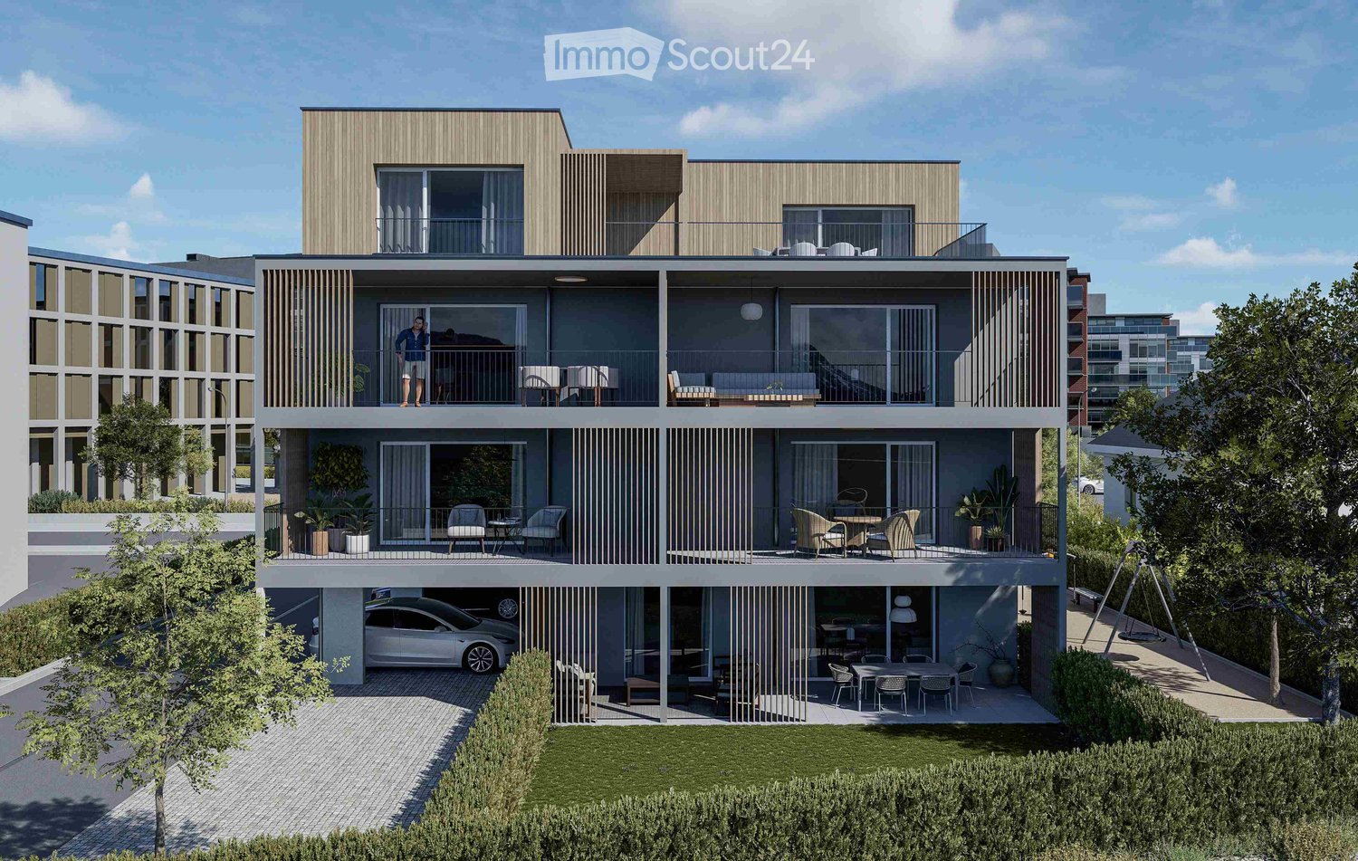 3 story house, modern design, multiple balconies, car parked in garage