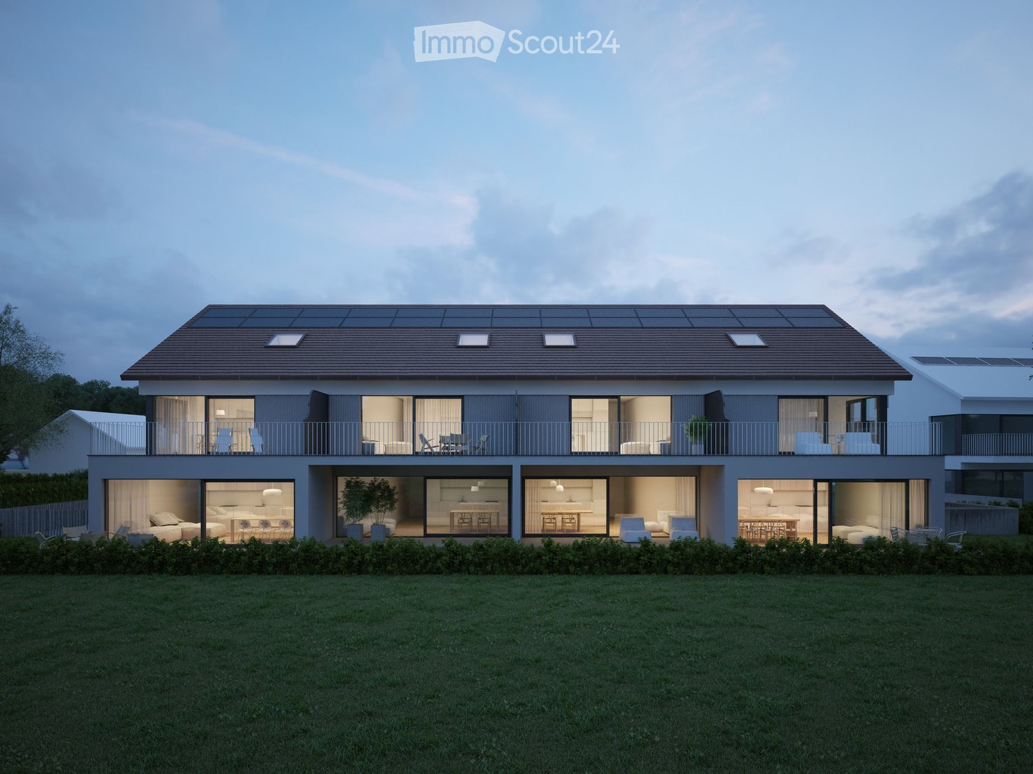 3 story house, solar panels, balconies, large windows, garden