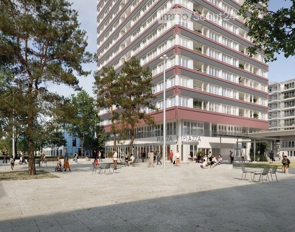 High-rise building with multiple floors, red and white exterior, large windows, outdoor seating area, trees, and street lights