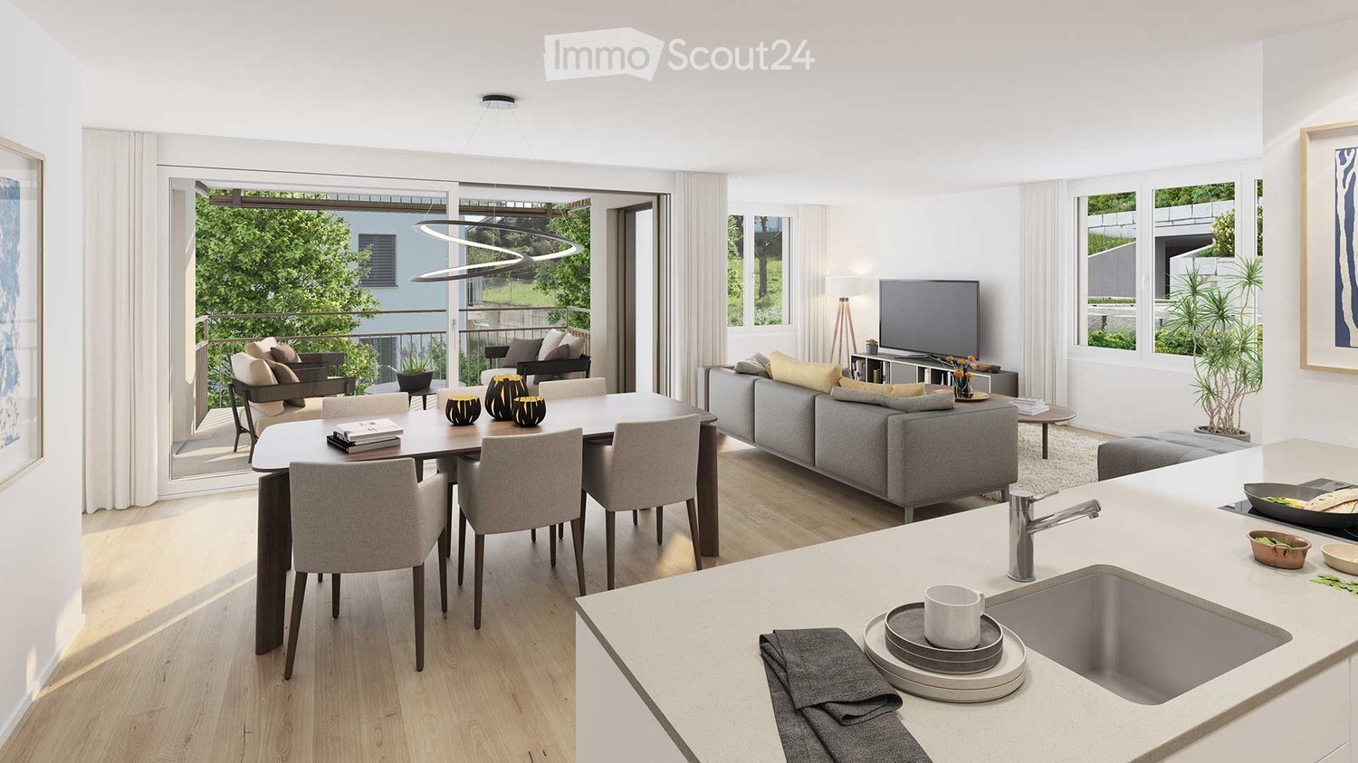 open plan living and dining area, large windows, balcony, modern furniture, kitchen island, dining table, couch, TV