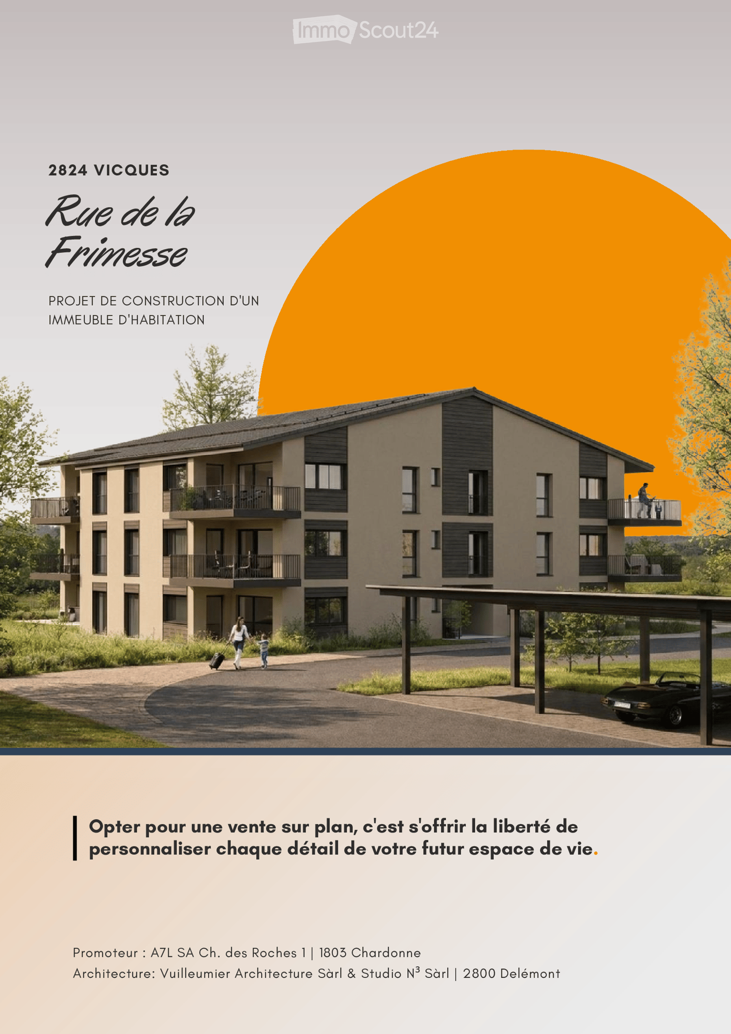 3 story building, balconies, car parking, trees, people walking