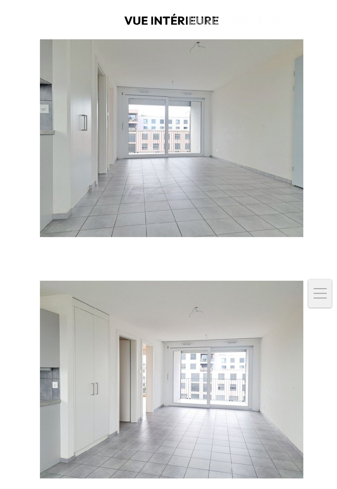 Empty room with sliding glass doors leading to a balcony, tiled floor, white walls, and a view of the outside buildings.