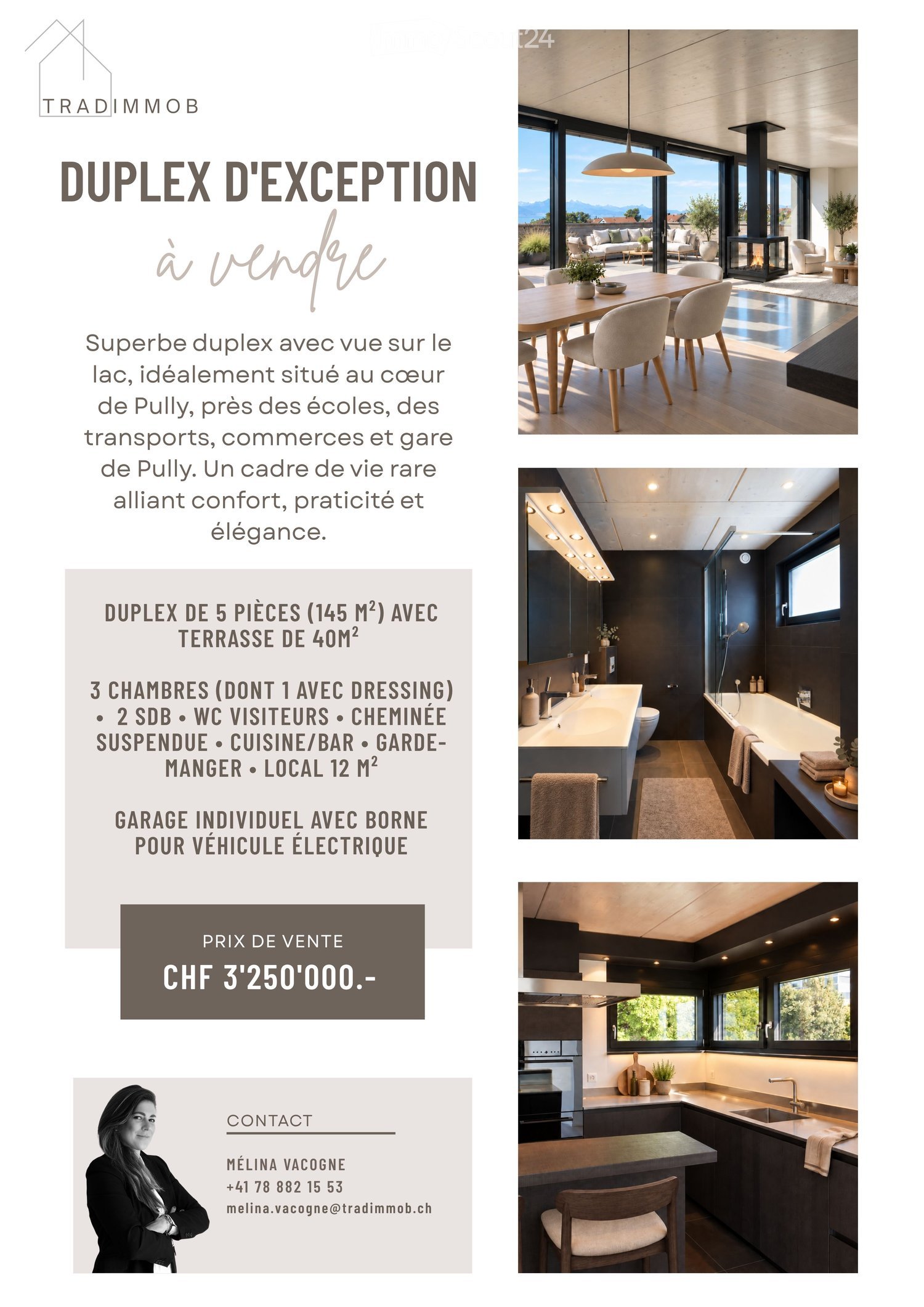 Real estate advertisement for a duplex with modern interiors, including a living area, dining area, kitchen, and bathrooms. Features large windows, contemporary furniture, and a spacious layout.