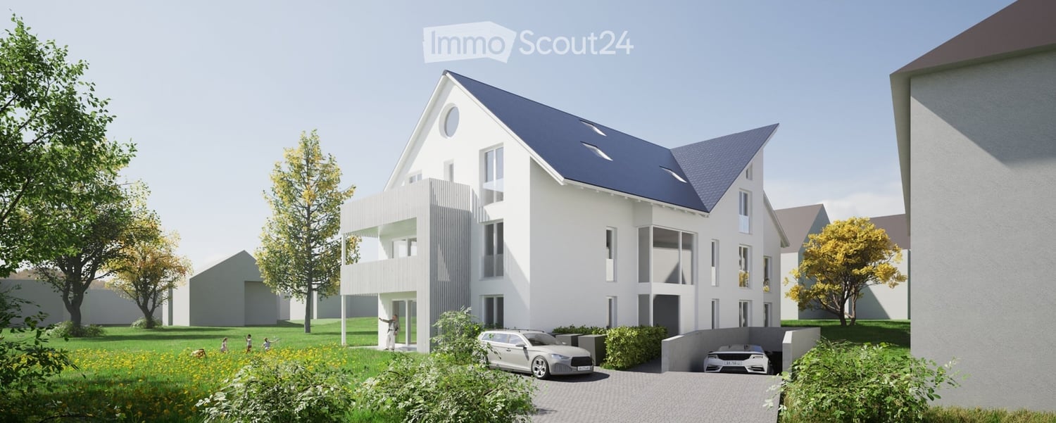 Modern white house, blue roof, 2 cars parked in garage, green lawn, trees, bushes
