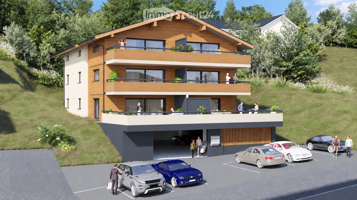 Modern two-story house with wooden facade, balconies, raised ground floor, garage, and parking area.