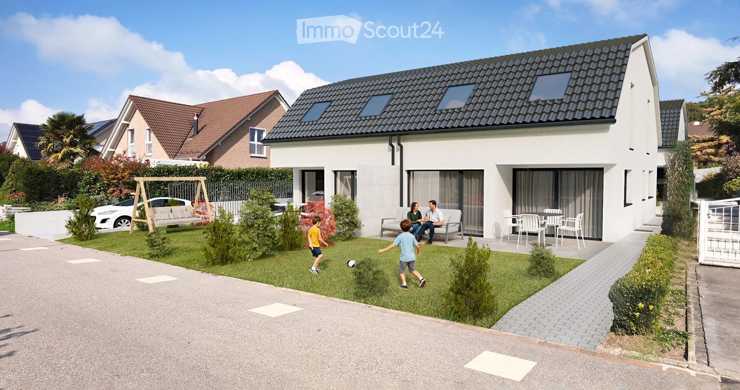 Contemporary 2 story house, white exterior, gray roof, large windows, garden, swing, two children playing, two adults on bench, patio with outdoor furniture, white car parked