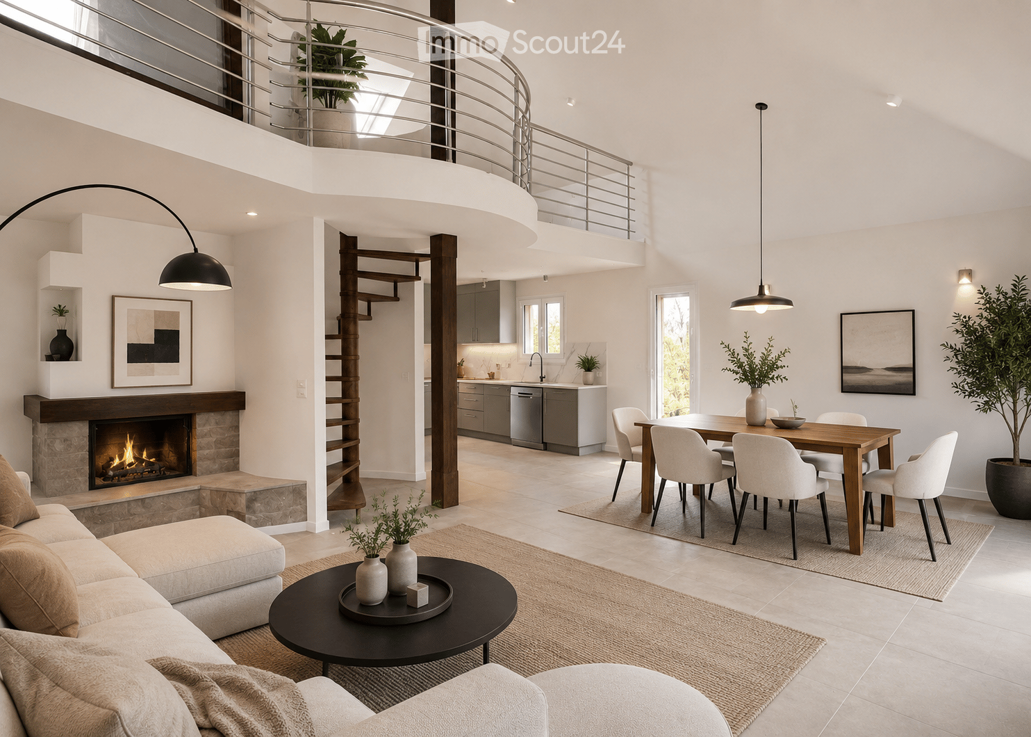 Modern open-concept living and dining area with a stone fireplace, a sofa, coffee table, dining table with chairs, and a kitchen area with a dishwasher.
