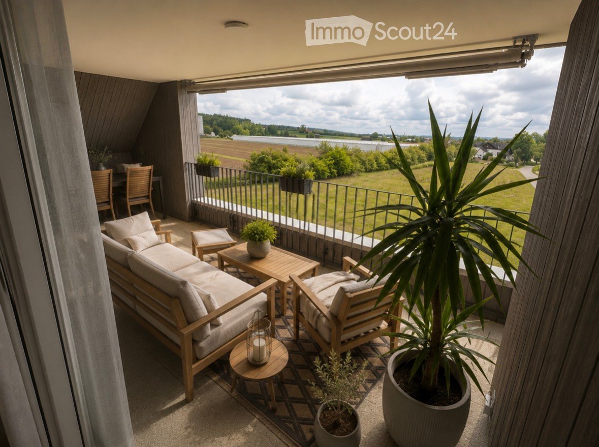 Balcony / Terrace. Balcony with wooden furniture, including a sofa, chairs, tables, and potted plants, overlooking a scenic countryside view.
