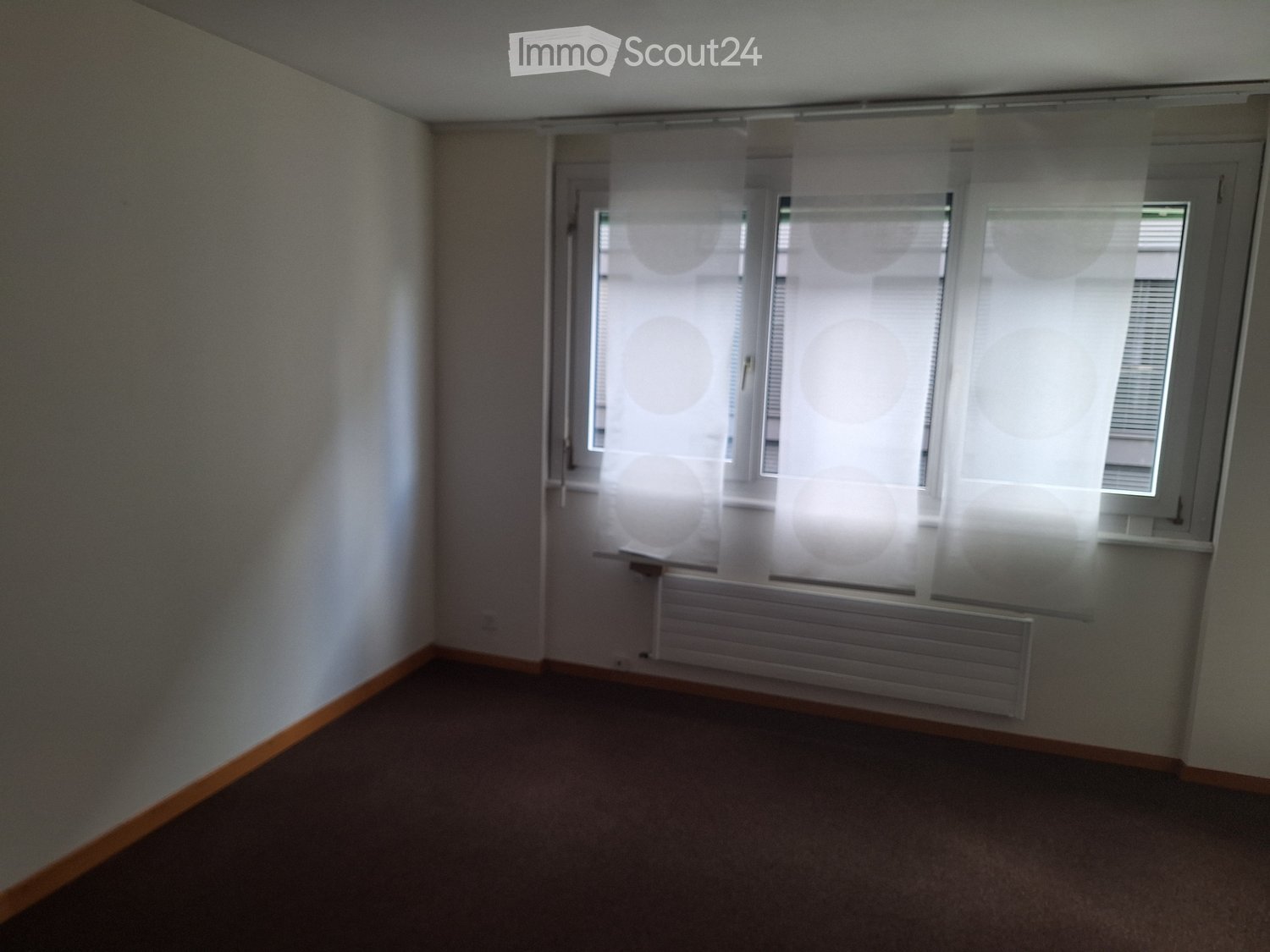 Unfurnished Room. Empty room with white walls, carpeted floor, large window with blinds, radiator below the window, and wooden baseboard trim.