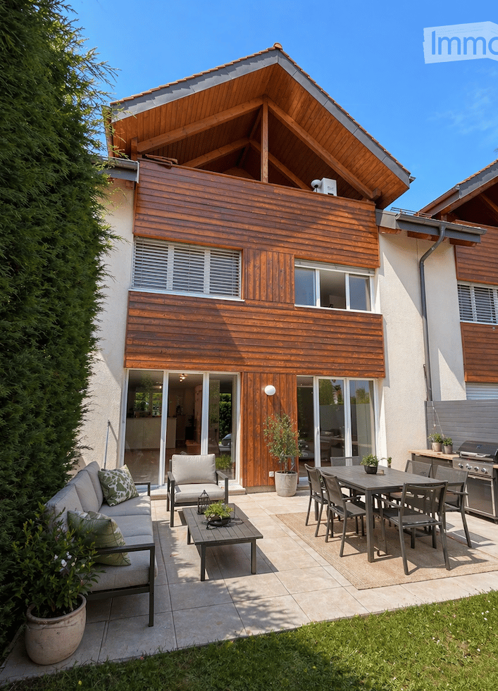 Modern house exterior with wooden siding and large windows, featuring a spacious patio with outdoor furniture including a sofa, coffee table, dining table, and chairs, surrounded by potted plants and a well-maintained lawn.