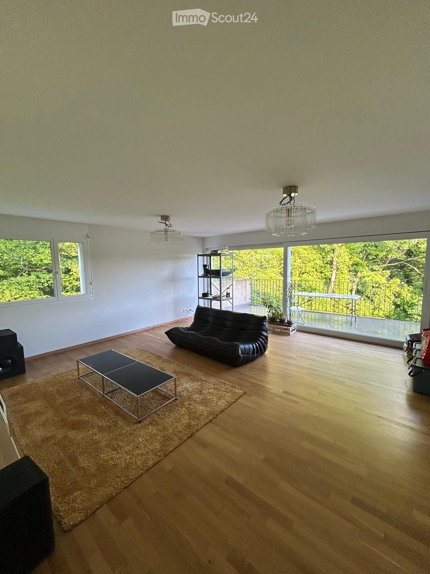 Modern living room with wooden flooring, large windows, and a balcony. Features a black leather sofa, a square coffee table, a beige rug, and a shelf with decorative items.