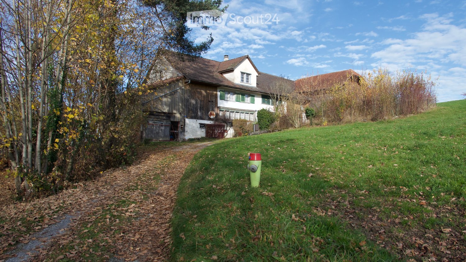 Old wooden house, brown roof, white walls, green shutters, driveway, green lawn, trees, bushes, fire hydrant