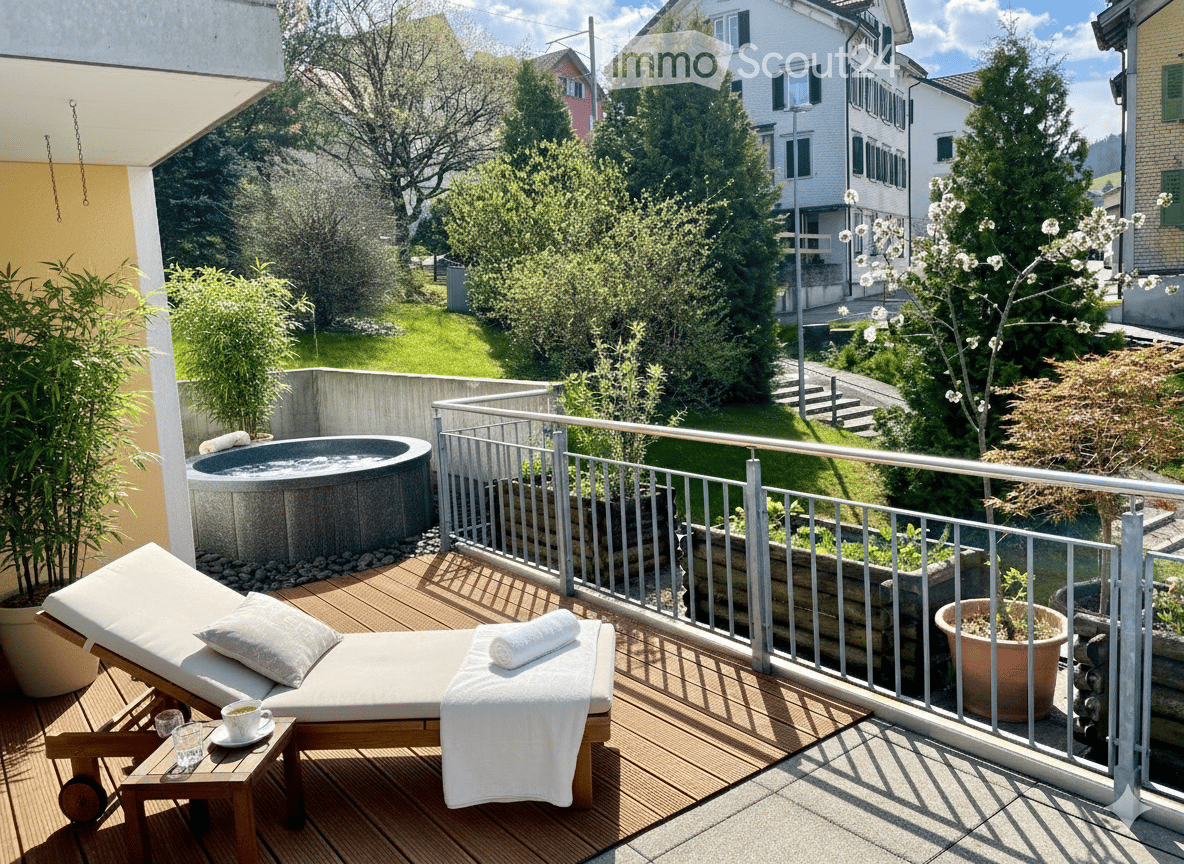 Balcony with wooden decking, lounge chair, small table, hot tub, potted plants, and a view of a green garden and neighboring houses.