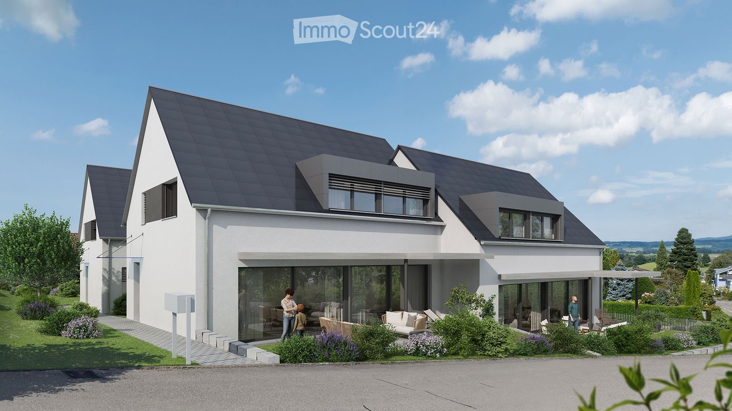 modern 2-story house, black roof, white exterior, large windows, balcony