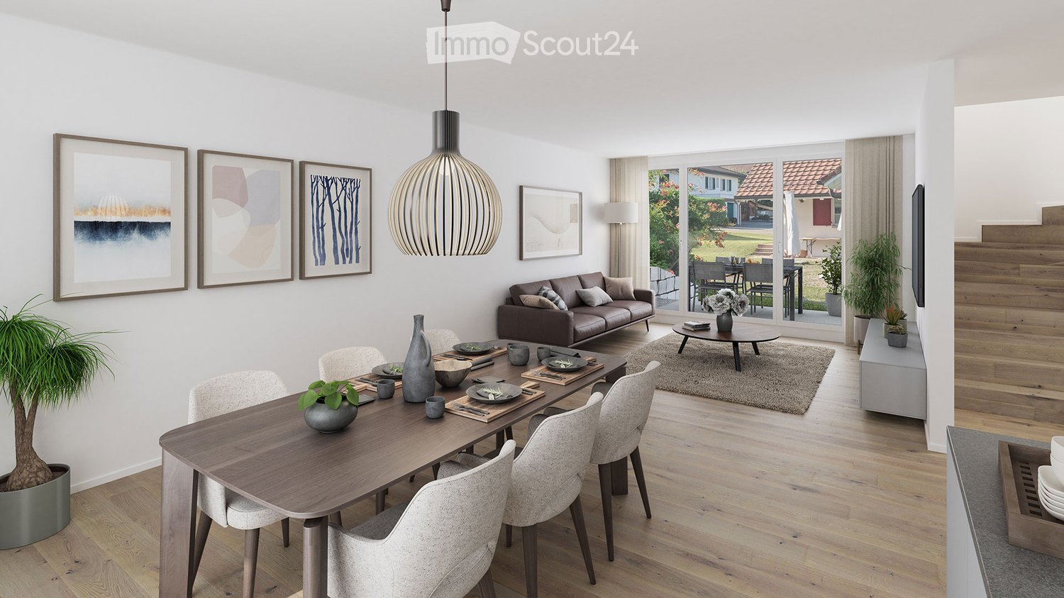 Dining area, 6 chairs, long table, wood floor, white walls, brown couch, sliding glass door, balcony, lamps, table decor, plants