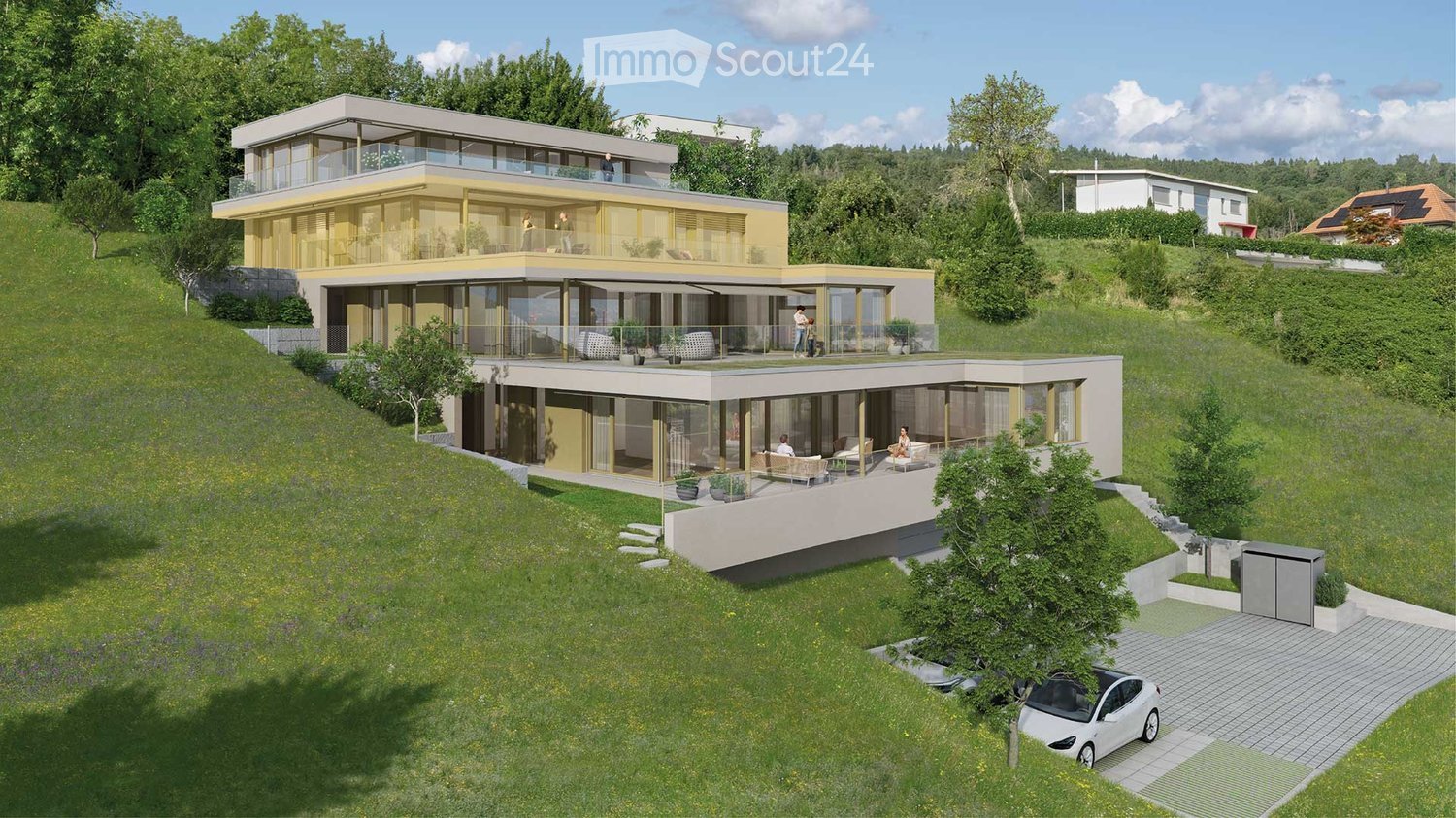 Two story modern house, multiple balconies, swimming pool, parking place
