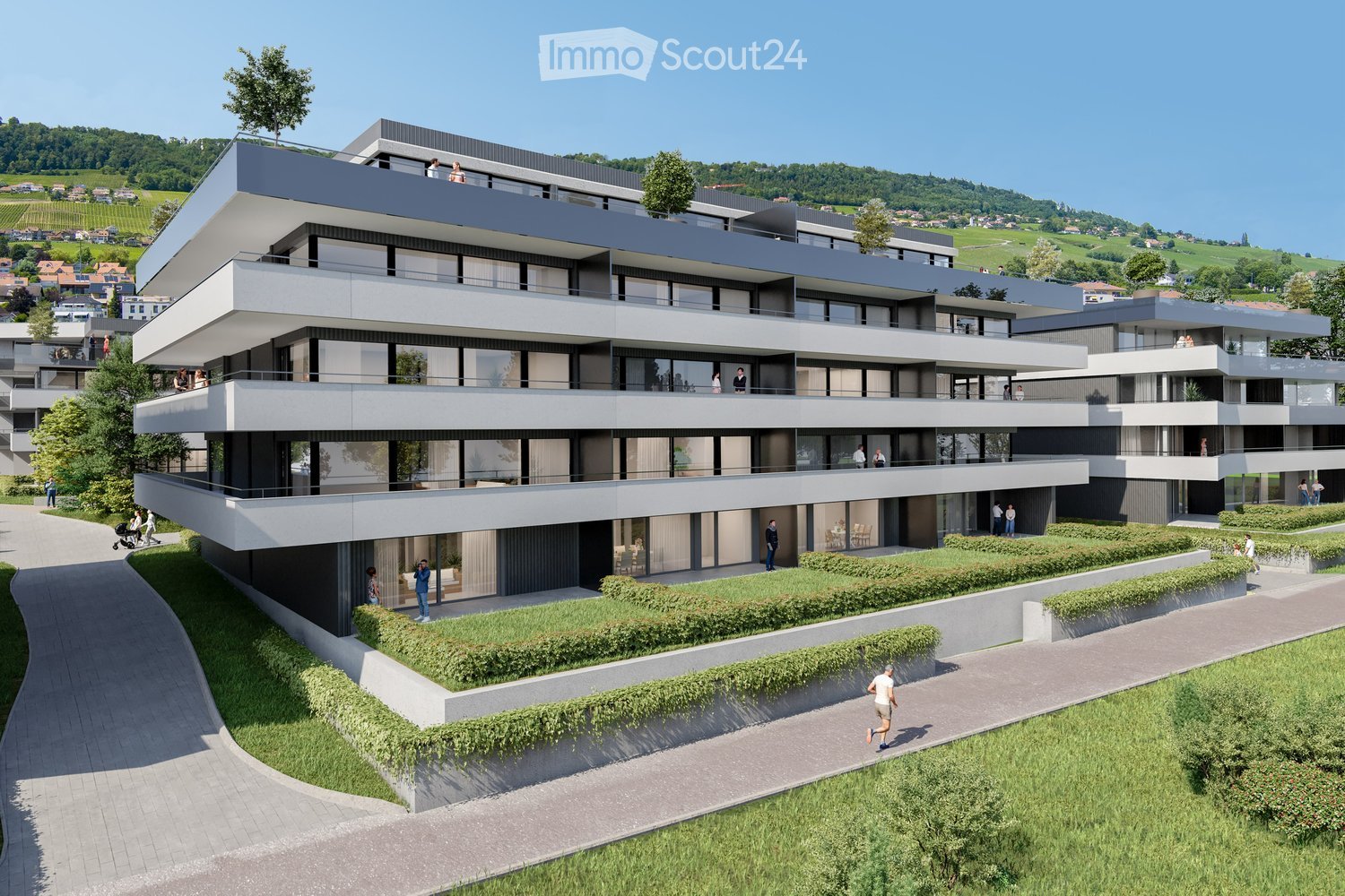 Modern multi-story residential building with balconies, large windows, and contemporary design, surrounded by greenery and pathways.