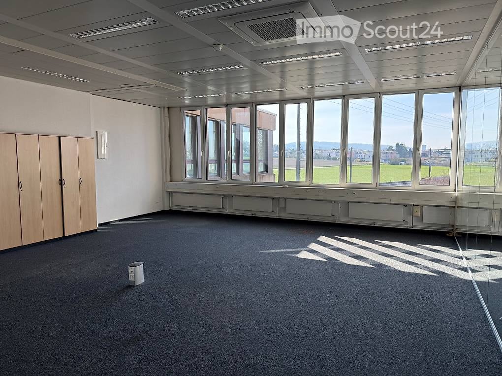 Empty room with large windows, wooden cabinet, and carpeted floor. No furniture or equipment present.