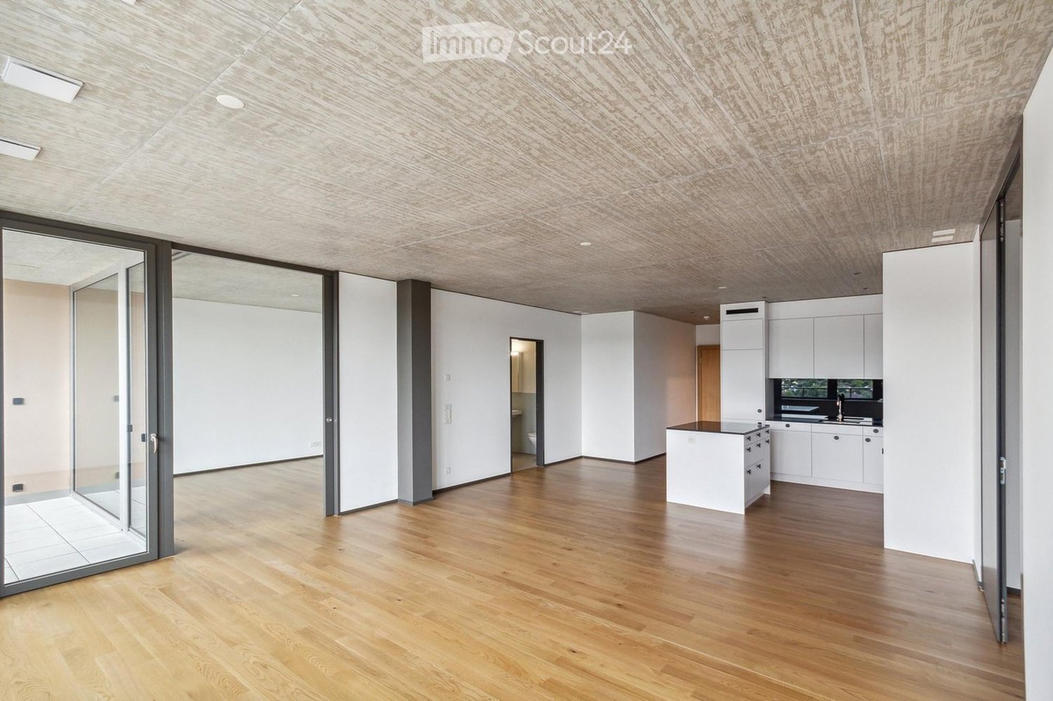 Open-plan space with light wood flooring, white kitchen cabinets, and a central island. Large glass sliding doors lead to an adjacent area.