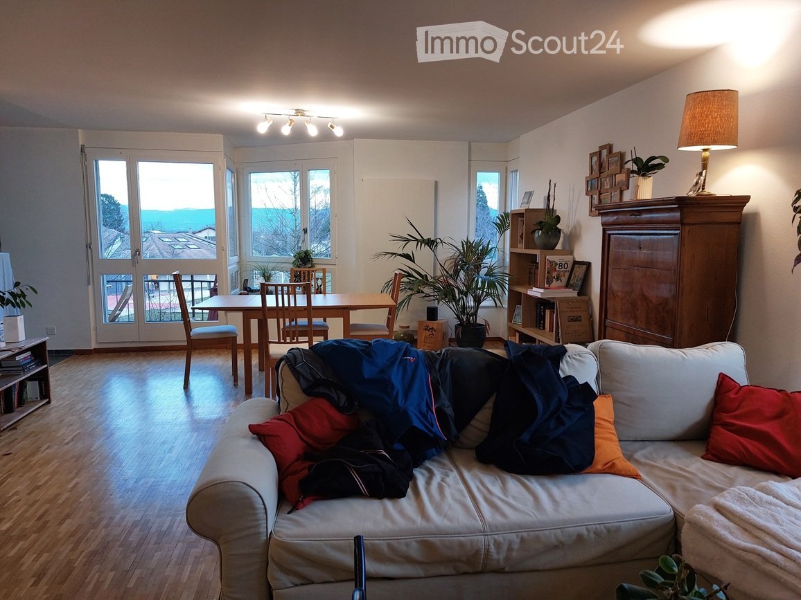 Living room with a white sofa, wooden dining table, chairs, bookshelf, lamp, and plants. The room has large windows with a view of the outside.