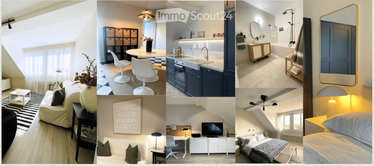 A collage of modern interior spaces including a living room with a sofa and coffee table, a dining area with chairs and a table, a kitchen with cabinets and a sink, a bathroom with a mirror and bathtub, and a bedroom with a bed and pillows.