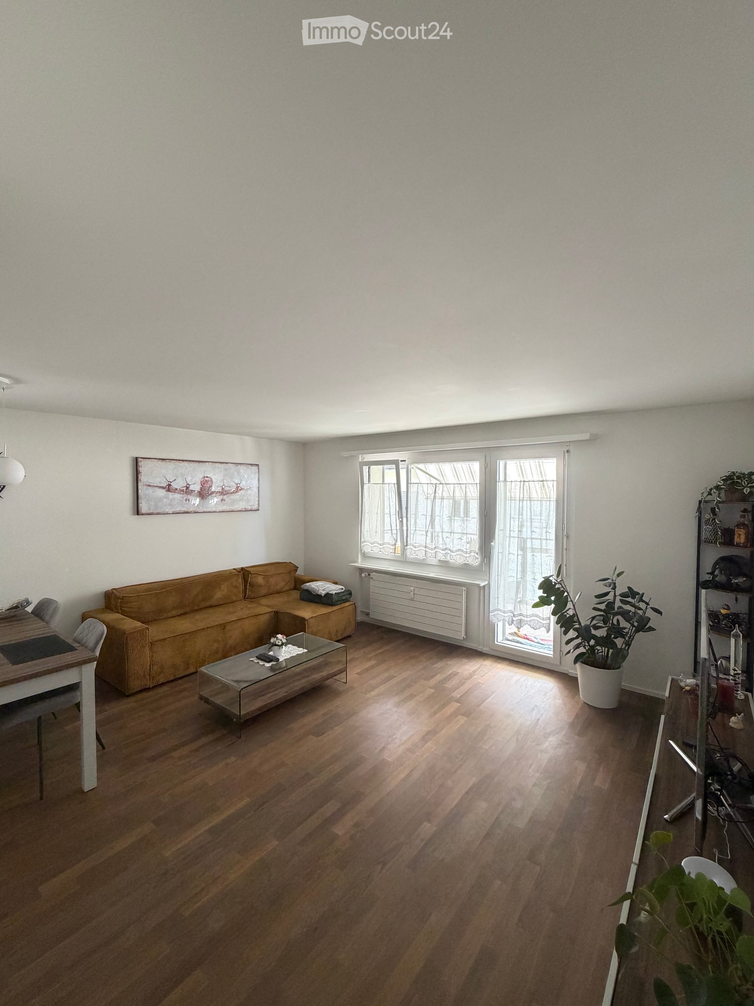 Living room with wooden flooring, a brown sectional sofa, a glass coffee table, a dining table with chairs, and potted plants.