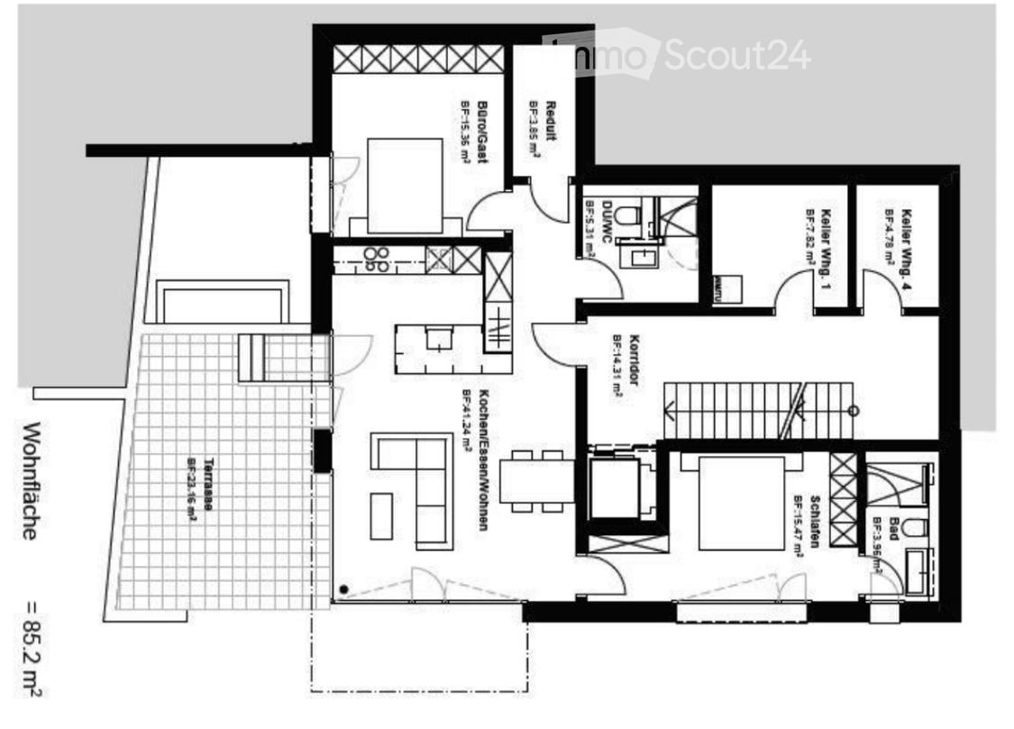 Floor plan of a residential unit showing a living room, kitchen, two bedrooms, two bathrooms, corridor, and a terrace.