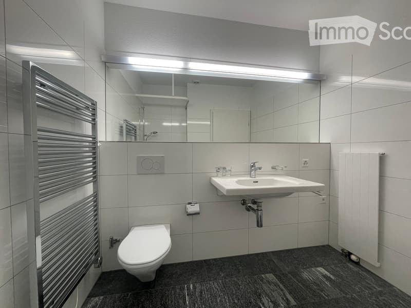 Modern bathroom with a large mirror, a white sink, a toilet, a radiator, and a sleek, dark tiled floor.