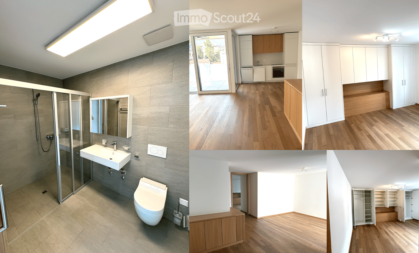 Modern bathroom with a white sink, mirror, toilet, and glass-enclosed shower. Kitchen area with wooden cabinets, white appliances, and a large window. Open-plan living space with wooden flooring and built-in storage.