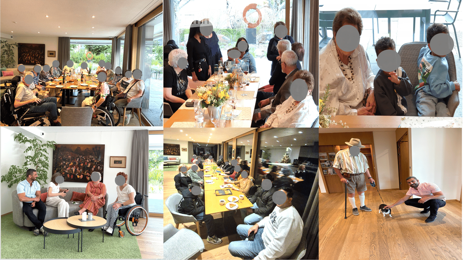 A collage of six images showing various indoor settings with people, including a dining area, a lounge, and a kitchen, with furniture such as sofas, tables, chairs, and decorative items like vases and picture frames.